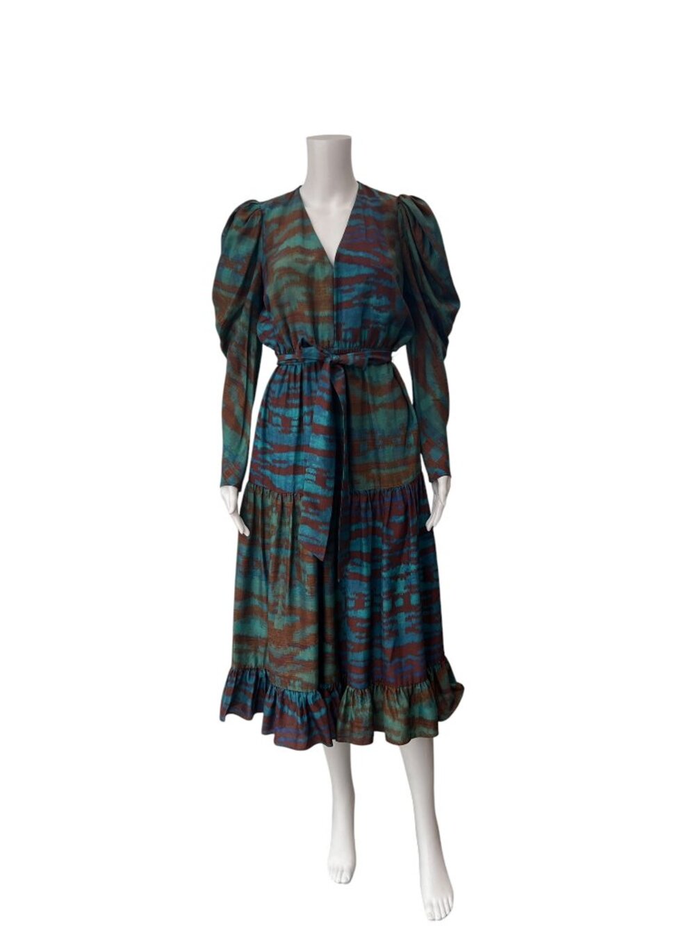 $895 Ulla Johnson RARE Brown Teal Animal Stripe Leyla Midi Dress size 2